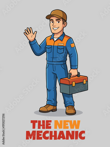 A cheerful cartoon mechanic character holding a toolbox, making it approachable and relatable for automotive or repair service themes, ideal for promotional materials.