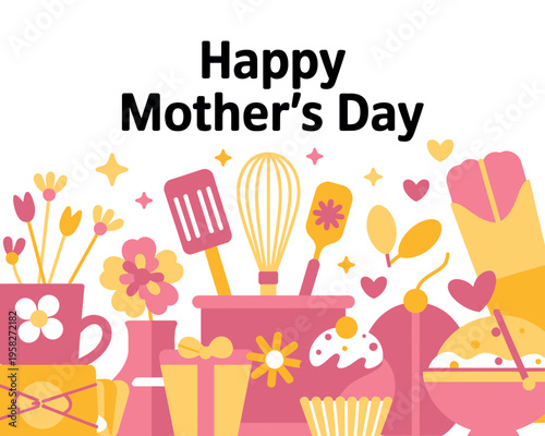 A colorful illustration celebrating Happy Mother's Day with kitchen utensils and flowers