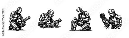 Futuristic robotics illustration depicting androids in various poses black and white vector art