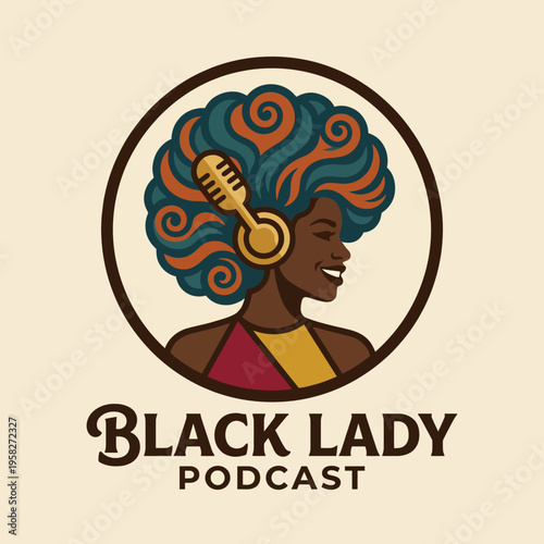 This vibrant podcast logo features a woman with a voluminous hairstyle and headphones, embodying creativity and the essence of conversation in a modern design.
