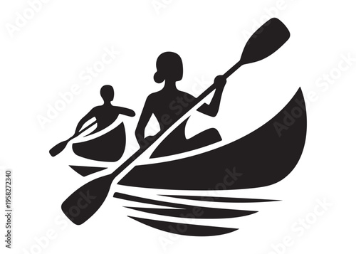 paddling kayak  logo silhouette vector, canoe lake log silhouette illustration, kayak boat silhouettes logo, kayak silhouette logo, canoeing and kayaking logo silhouette design on white background