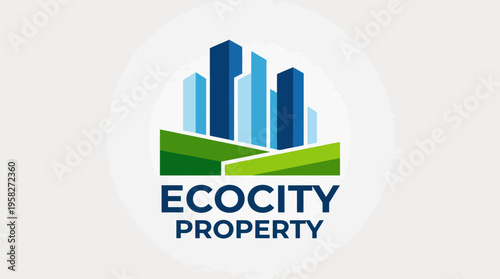 This logo represents an eco-friendly property company with distinctive blue buildings and green spaces, emphasizing sustainability and the urban lifestyle in a modern context.