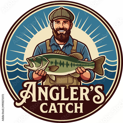 This vintage-style logo depicts a proud fisherman holding a catch, representing the timeless pursuit of fishing and the joy of outdoor adventures within nature's beauty.