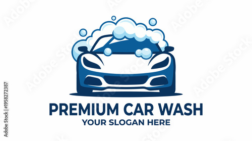 This playful logo design features a sleek car surrounded by bubbles, conveying freshness and cleanliness while promoting a professional and premium car wash service.