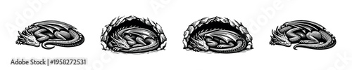 Black and white vector illustration of sleeping dragons in caves silhouette design