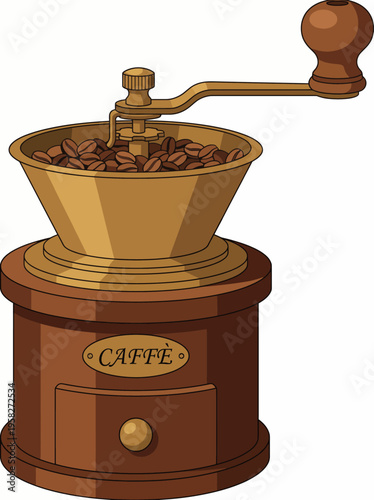 The image depicts a classic coffee grinder, symbolizing the rich history and passion behind coffee culture, inviting coffee enthusiasts to savor the aroma and experience of brewing.
