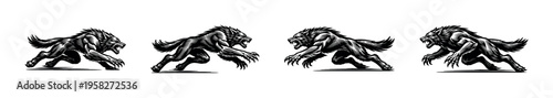 Fierce wolf silhouette illustration, vector design of running wolves, black and white animal art