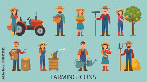 This collection of farming icons displays various aspects of agricultural life, highlighting farmers, tools, and produce, reflecting the hard work and dedication of rural living.
