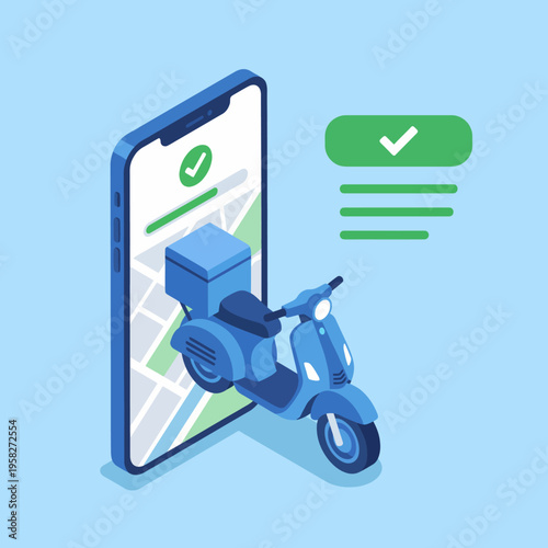 A modern illustration showing a motorcycle and smartphone interaction, representing food delivery services and the convenience of mobile apps in today's fast-paced environment.