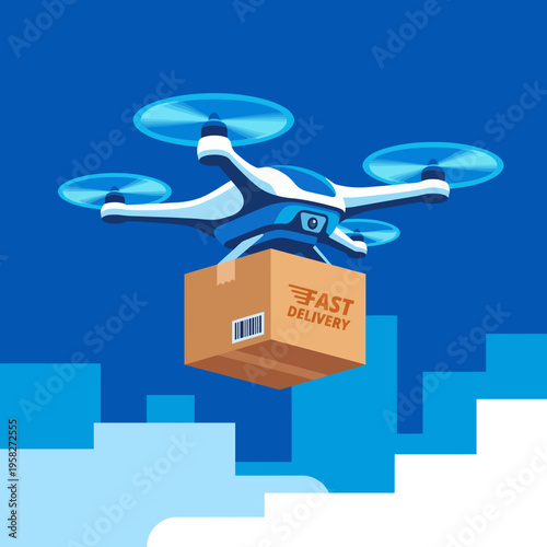 An illustration of a drone delivering a package represents the future of logistics and convenience, showcasing efficiency and modern technological advancements.