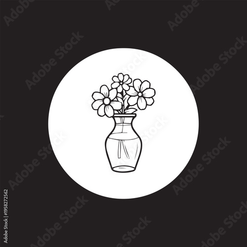 Minimalist black and white line art flower vase with blooming blossoms icon