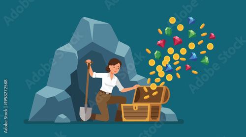 An explorer joyfully discovers a treasure chest overflowing with gold coins and gems in a cave, symbolizing adventure, wealth, and the thrill of discovery.