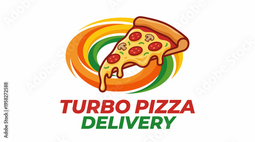A fun logo for Turbo Pizza Delivery features a vibrant pizza slice with toppings, emphasizing the speed and excitement of delivering delicious pizza to hungry customers.