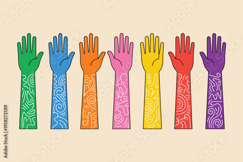 Diverse Group of Seven Colorful Hands with Intricate Patterns on Forearms Vector Illustration