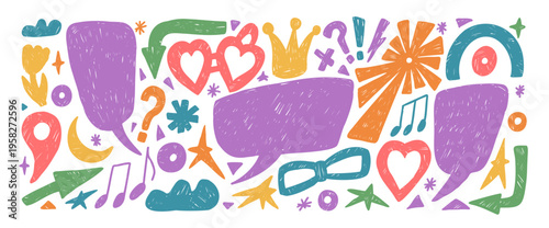 Funky speech bubbles and crayon quotation frames for talk designs. Hand drawn vector clouds, callouts, and marks look spontaneous and fun. Perfect for posters or stickers with red, purple, blue tone.