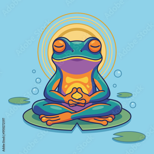 A vibrant frog sits serenely in a meditative pose, symbolizing tranquility and mindfulness, surrounded by a peaceful aquatic environment promoting inner peace and harmony.