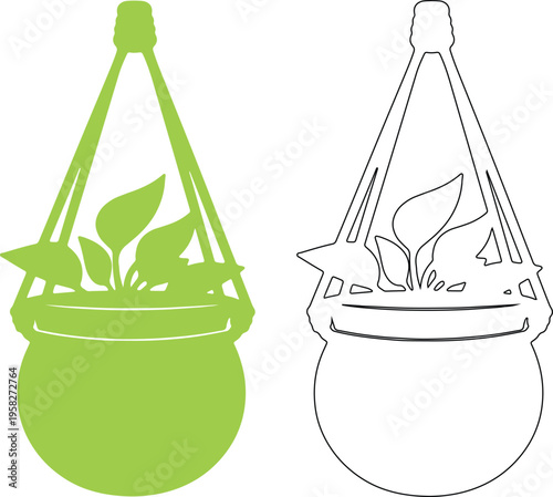 Solid black and green silhouettes of hanging planters with plants