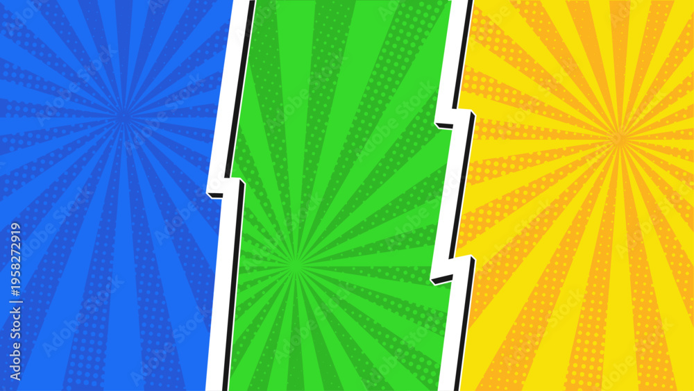 Obraz premium Colorful Pop Art Comic Panels Background in Blue Green Yellow with Halftone Rays