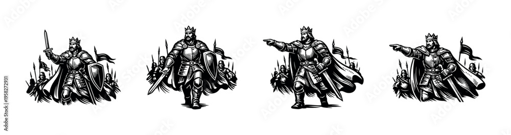 Naklejka premium Medieval knight silhouette illustration, black and white vector of armed warriors