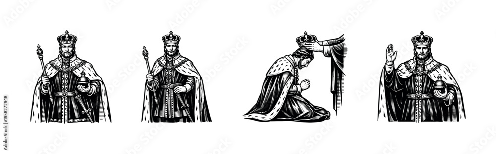 Obraz premium Medieval monarch illustrations, kings and crowns, black and white silhouette vector art