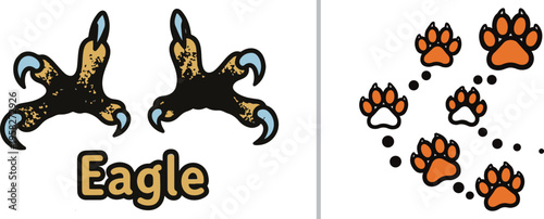 Vector illustration comparing animal tracks. The left shows large, sharp eagle talons with text; the right displays a trail of orange canine paw prints with small dot accents.