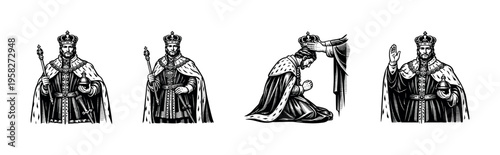 Medieval monarch illustrations, kings and crowns, black and white silhouette vector art