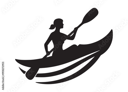 paddling kayak  logo silhouette vector, canoe lake log silhouette illustration, kayak boat silhouettes logo, kayak silhouette logo, canoeing and kayaking logo silhouette design on white background
