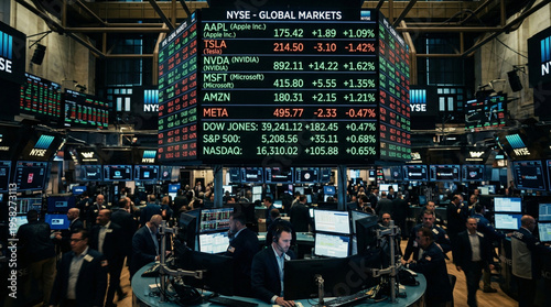 Busy trading floor at the new york stock exchange displaying global market data