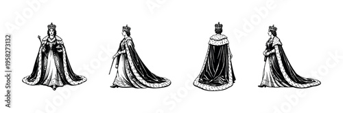 Black and white vector illustrations of royal figures in regal attire silhouettes