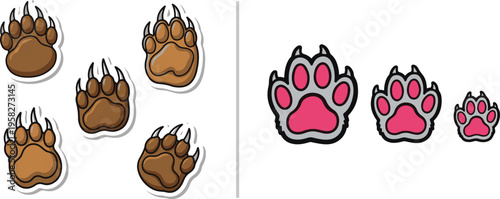 Vector illustration of animal tracks. The left side shows five brown bear paw prints with sharp claws; the right side displays three pink-padded feline or cat paws in descending sizes.