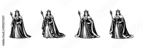 Vintage black and white queen silhouette vector illustration with royal crown and scepter