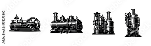 Industrial machinery silhouette vector set featuring steam engines and boilers