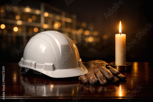 Workers' Memorial Day remembrance still life with white hard hat leather work gloves and lit candle honoring occupational safety and labor rights workplace memorial