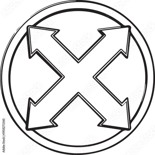 Minimalist black expand arrows icon in circular outline isolated on white background