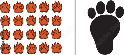 Vector illustration comparing animal tracks. The left side features a grid of orange wolf or canine paw prints; the right side shows a single large, black elephant-like footprint.