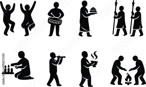 A group of people performing various cultural rituals