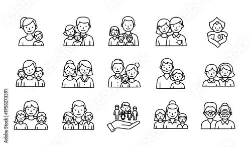 Family structure line icons set with parents children generations and care symbol black and white vector illustration