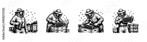 Beekeeper working with beehives set, honeybee farm elements, black and white vector illustrations