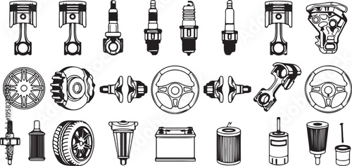 Collection of car spare parts icons and automotive engine components line art