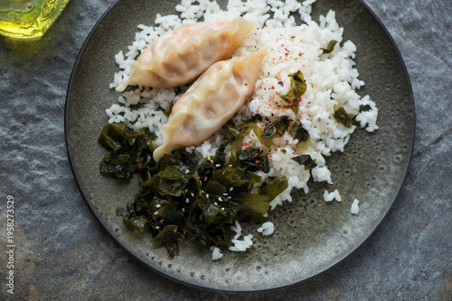 Fotografie Plate with asian wakame gohan and steamed dumplings, horizontal shot, middle clo