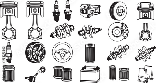 Collection of car spare parts icons and automotive engine components line art