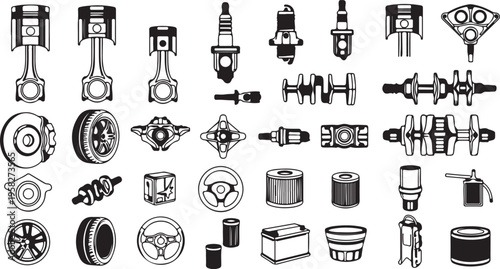 Collection of car spare parts icons and automotive engine components line art