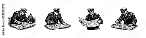 Black and white illustration of a vintage sailor navigating with maps nautical theme vector artwork