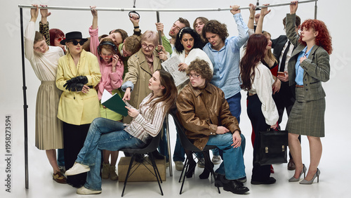Crowded subway passengers sitting and standing holding rail in tight space. Concept of commuter experience, transport comfort issues, service improvement, mobility solutions.