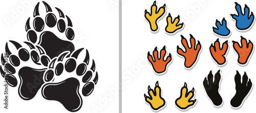 Vector illustration comparing animal tracks. The left side features large, black bear paw prints with sharp claws; the right side shows various small, colorful bird or reptile footprints.