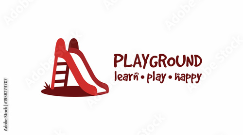 A playful logo displaying a red slide represents a joyful playground environment. It highlights learning, play, and happiness for children and families.