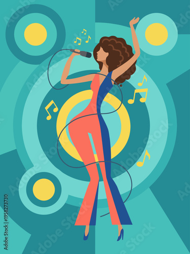 A vibrant illustration of a female singer performing with passion, surrounded by musical notes. This artwork captures the energy and emotion of live music performances.