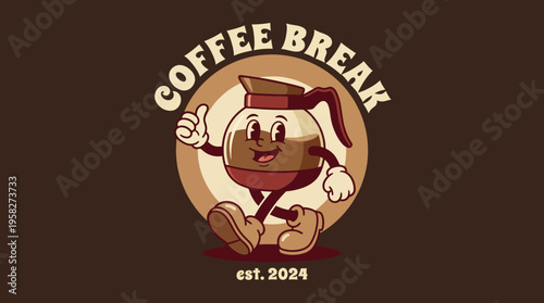 A charming logo featuring a cheerful coffee pot character holding a thumbs-up. It evokes feelings of warmth and coziness related to coffee break experiences.