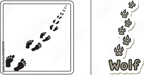 Vector illustration comparing animal tracks. The left shows a trail transitioning from human-like footprints to cloven hooves; the right shows a path of wolf paw prints with a text label.