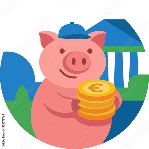 This adorable piggy illustration showcases a joyful character holding coins, making it perfect for financial themes or savings concepts.